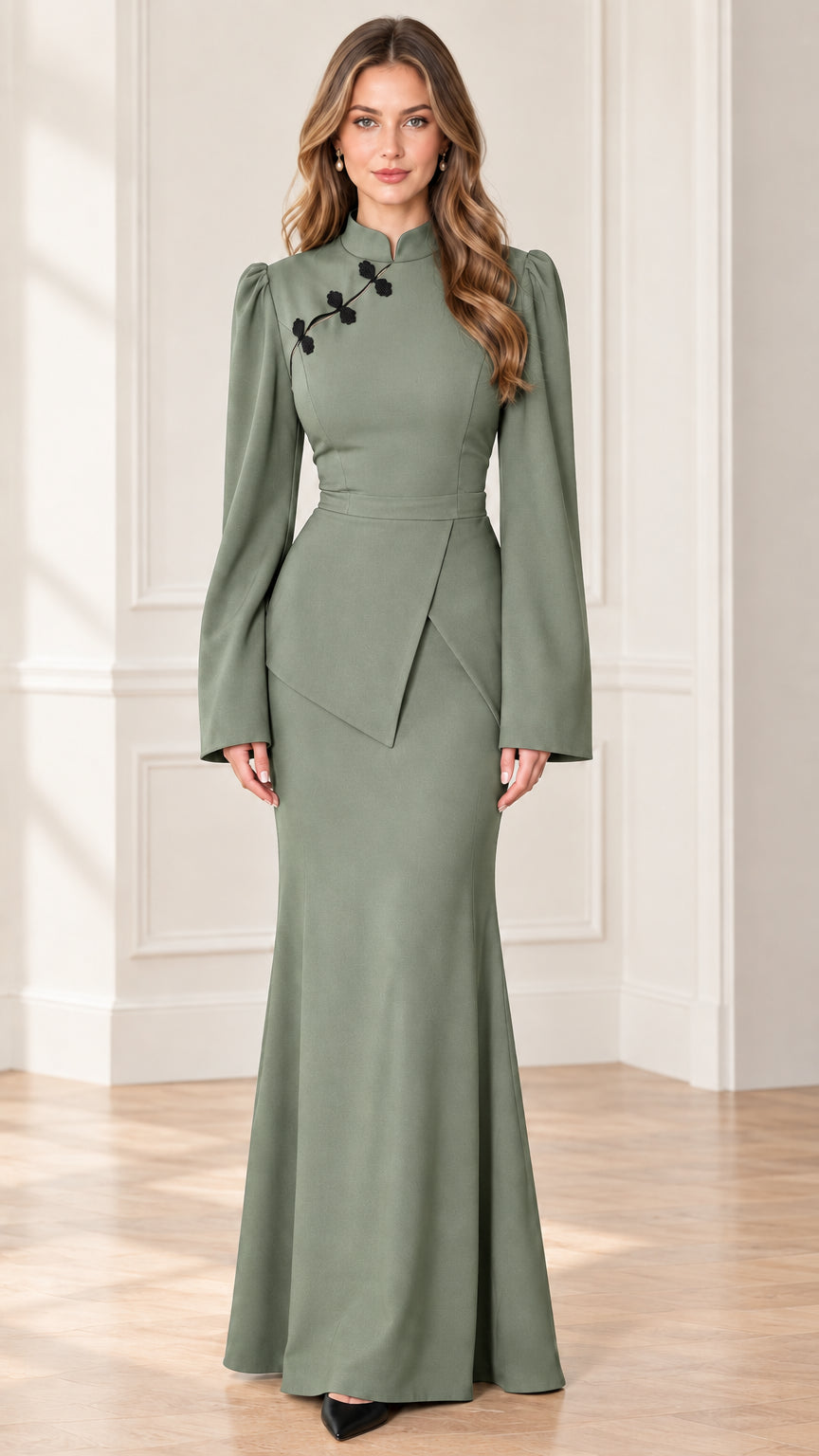 Full-length view of sage green mandarin collar long sleeve evening dress