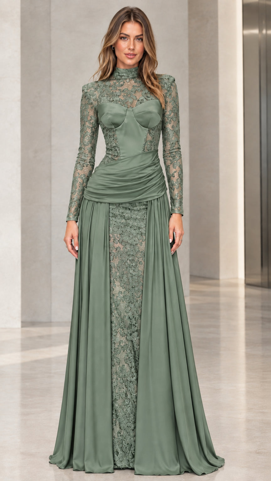 Sage green long sleeve lace corset maxi dress