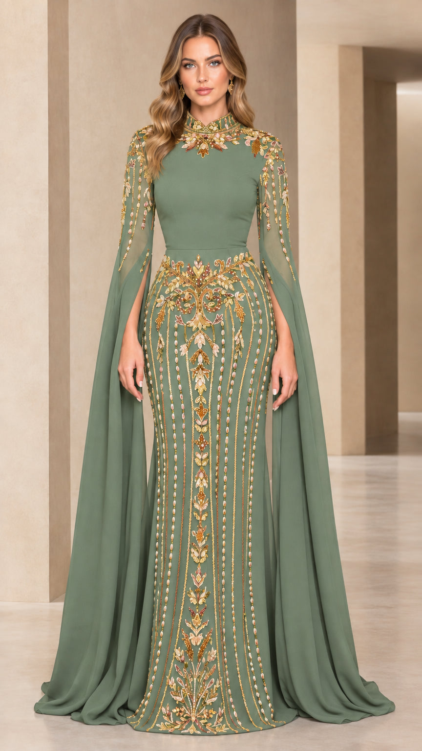 Sage green embellished cape sleeve mermaid evening gown