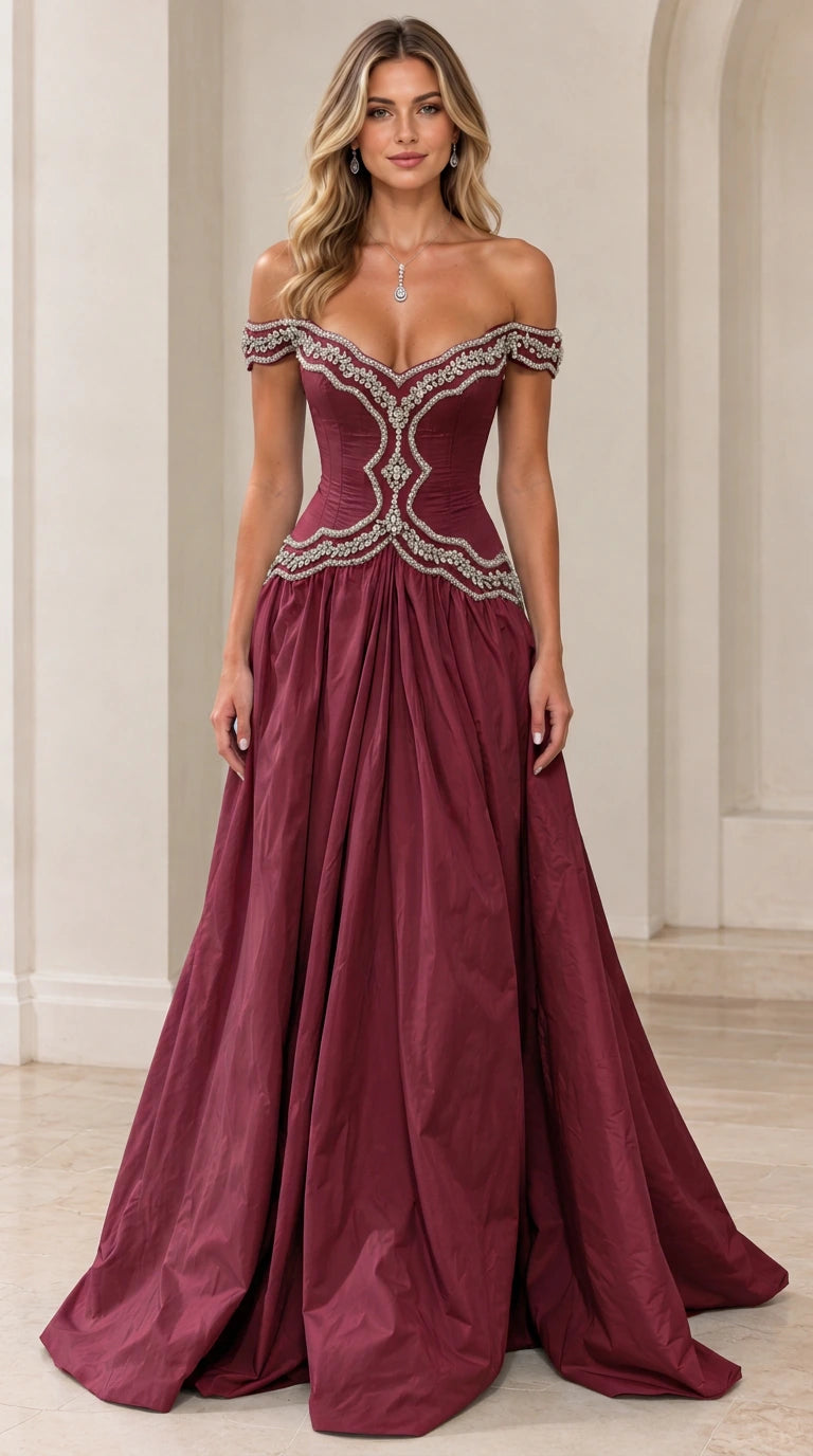 Front view of model wearing Burgundy wine off-the-shoulder formal ball gown
