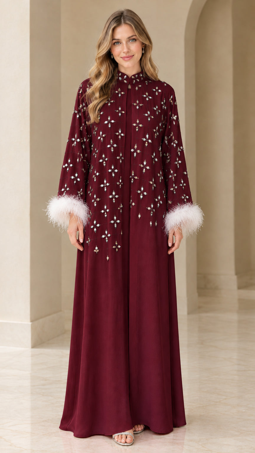 Burgundy wine embellished maxi evening dress with feather trim sleeves