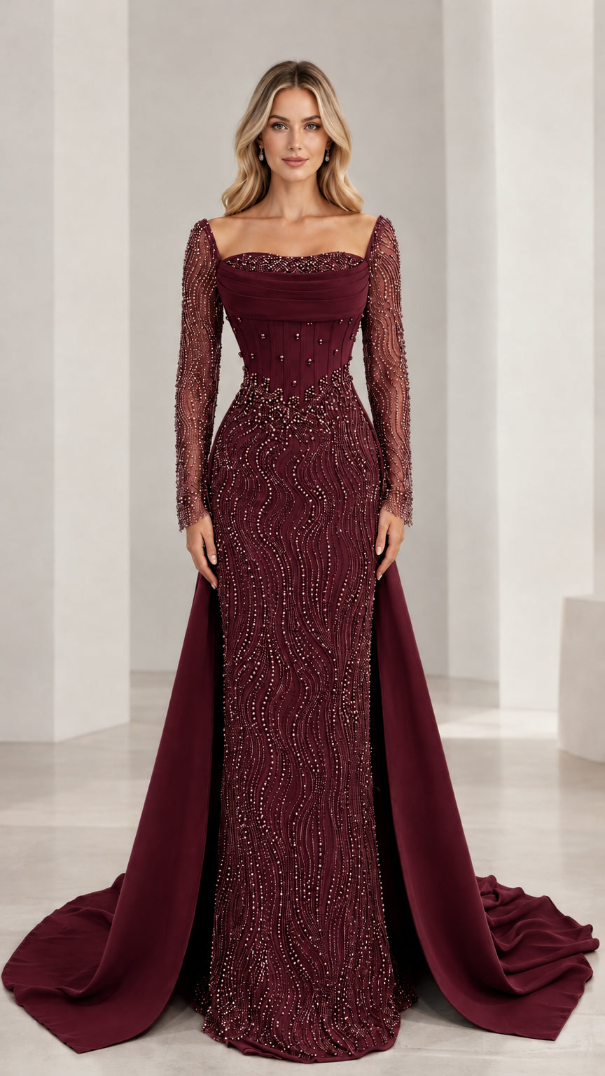 Burgundy wine red embellished evening gown with long sleeves and train