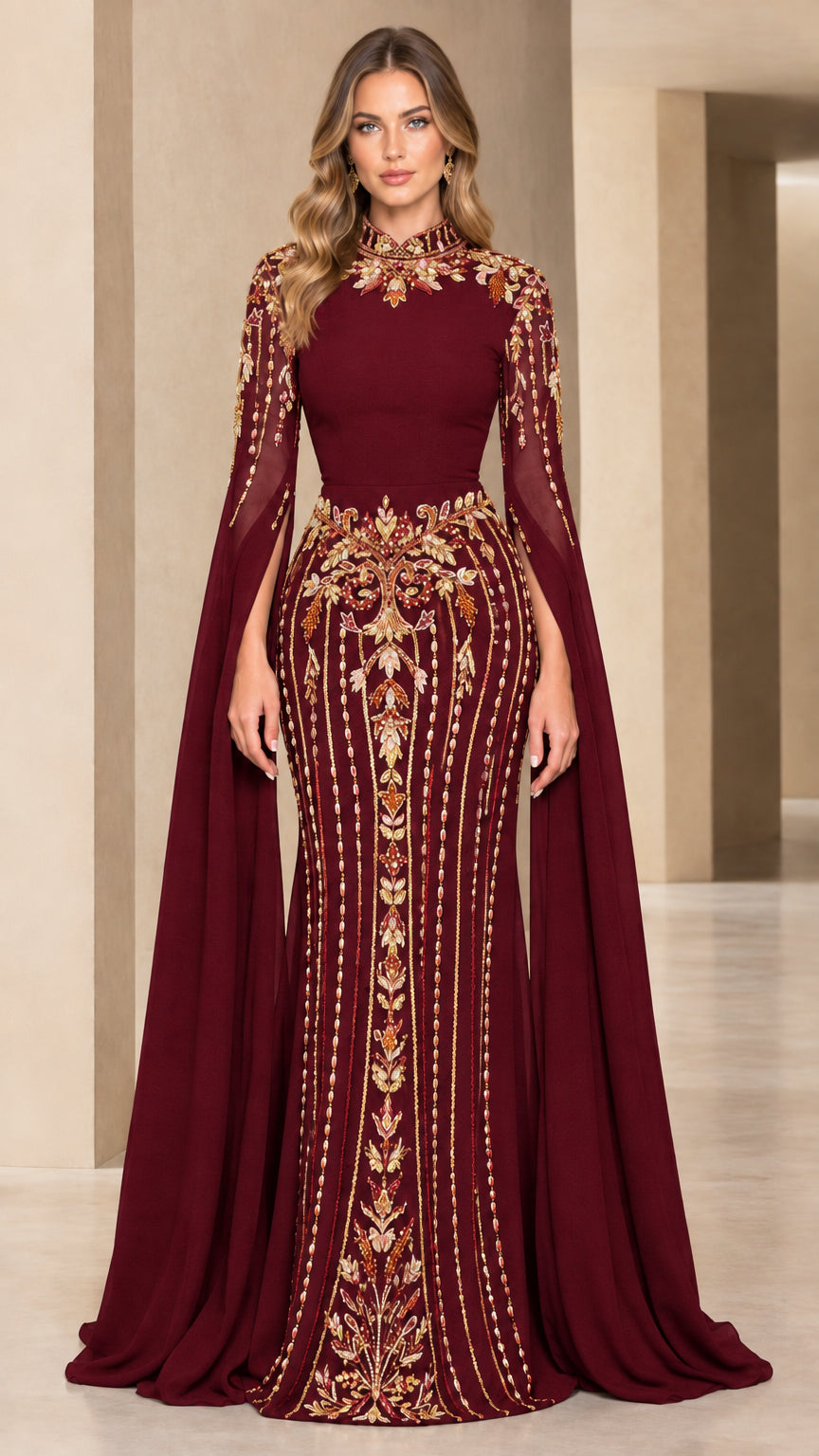 Burgundy wine red embellished cape sleeve mermaid evening gown