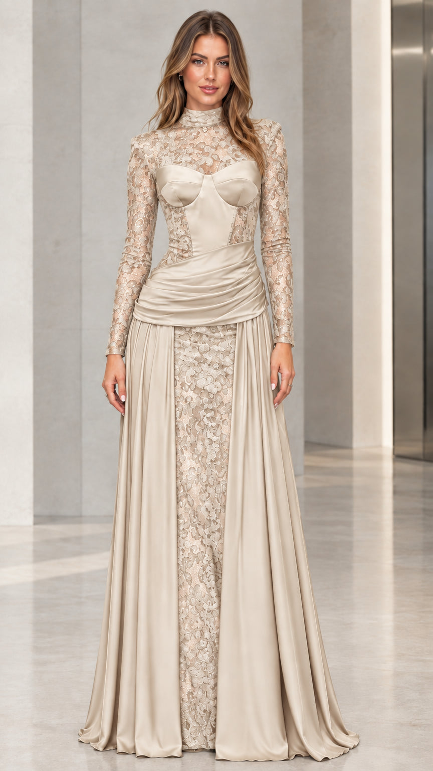 Champagne taupe high neck lace maxi evening dress
