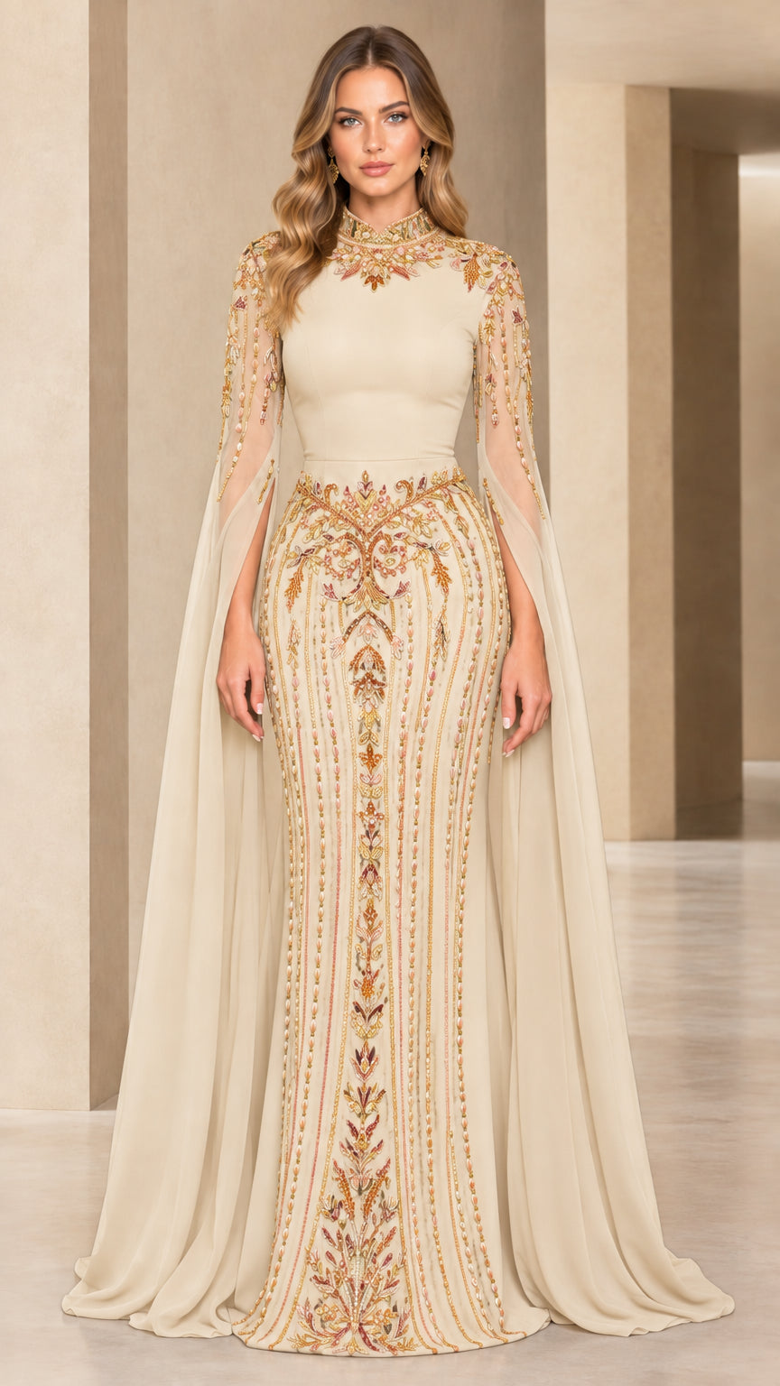 Champagne gold embellished cape sleeve mermaid evening gown