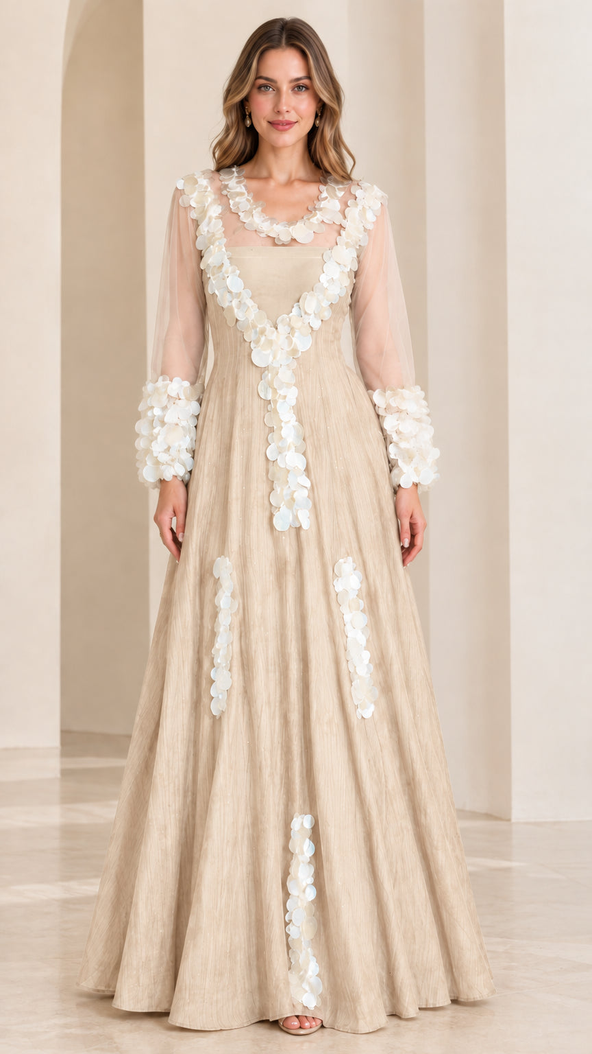 Front full-length view of champagne beige A-line evening dress with delicate white petal trim