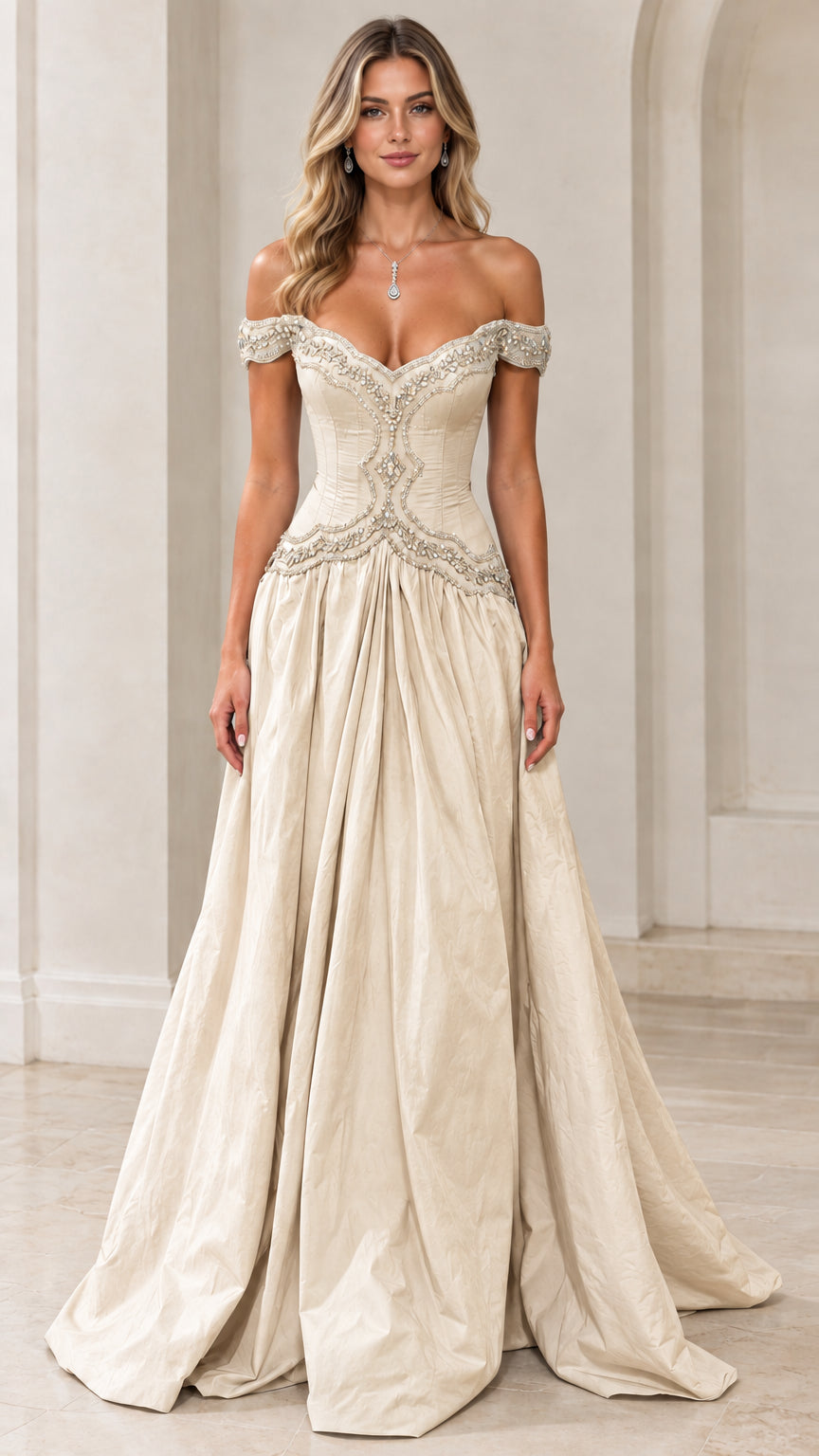 Front view of model wearing Champagne ivory off-the-shoulder beaded evening gown